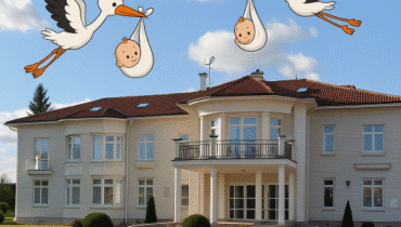 Elite viljatusravikliiniku pilt, millele on peale kujundatud joonistused kurgedest, kes kannavad lapsi.